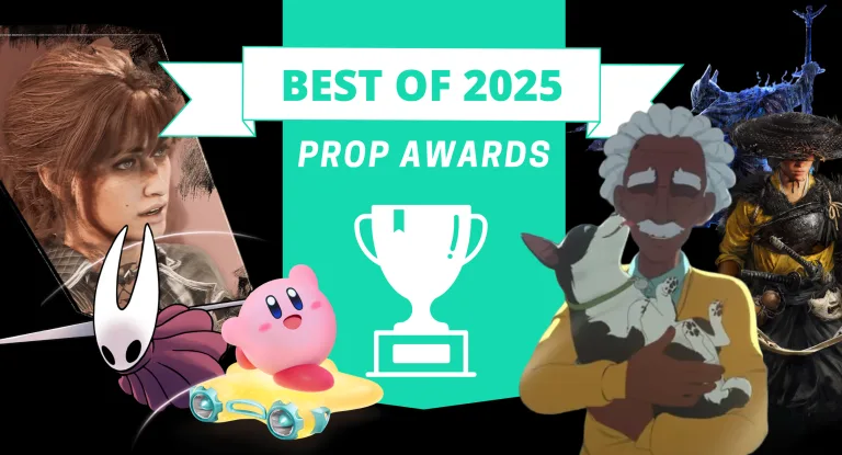 A graphic promoting a fake set of gaming awards with text for The Best of 2025 in Video Games: The Punished Backlog's Prop Awards and characters from some of the games, like Sciel from Clair Obscur: Expedition 33, Hornet from Silksong, Kirby from Air Riders, Chase and Beef from Dispatch, Atsu from Ghost of Yotei, and cover of Elden Ring Nightrein