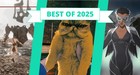 A graphic with the text "Best of 2025" showing achievements in video games like Sprong in Clair Obscur: Expedition 33, the cat in No, I'm Not Human, Coupe in Dispatch