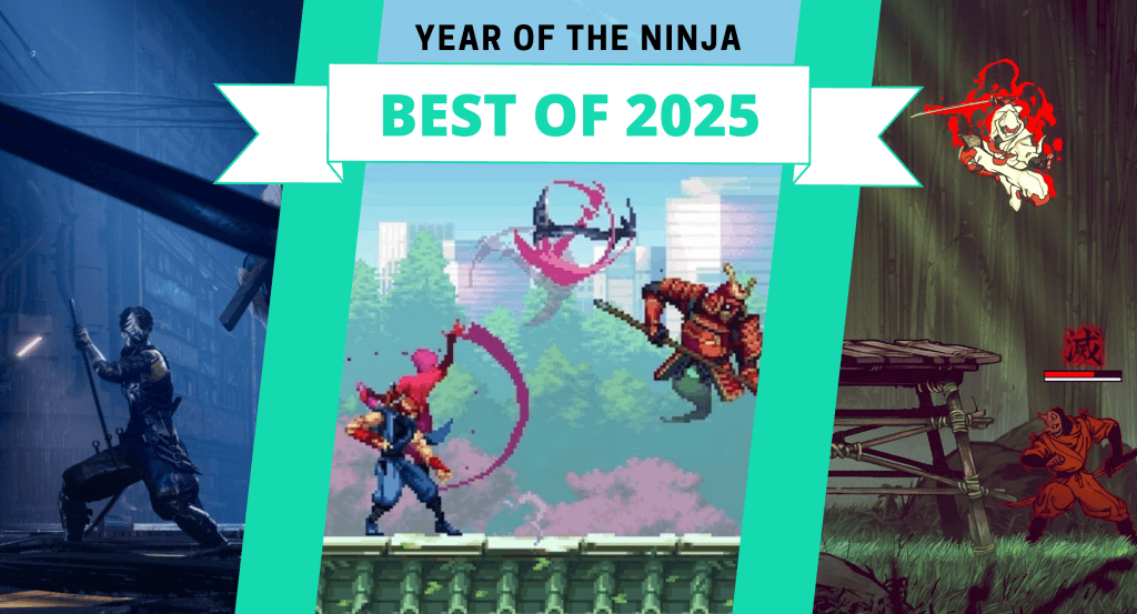 A combination image of 3 ninja  video games that came out in 2025 with a teal banner featuring text that reads: "The Punished Backlog - Donovan's Favorite Things 2025" 