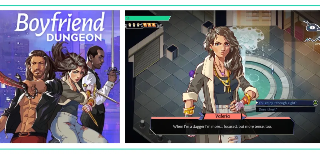 A graphic showing the cover art for Boyfriend Dungeon with a screenshot of a woman named Valeria talking about being a dagger on a list of the Best Video Games for Girls and Women