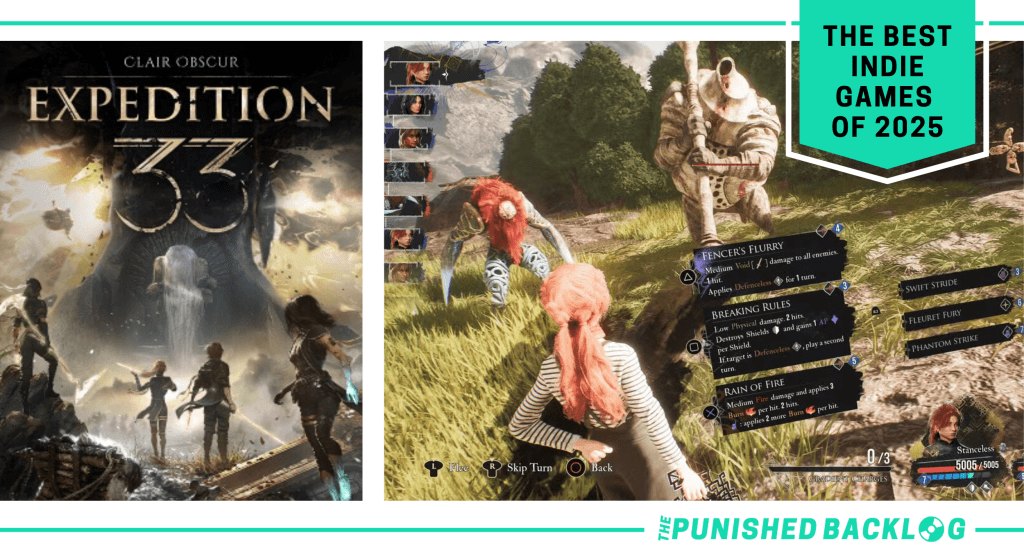 A graphic showing the cover art and gameplay screenshot of Clair Obscur: Expedition 33 showing Maelle fighting enemies, along with text that reads "The Best Indie Games of 2025" with The Punished Backlog logo in the corner.