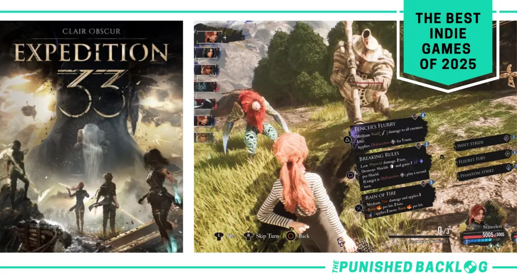 A graphic showing the cover art and gameplay screenshot of Clair Obscur: Expedition 33 showing Maelle fighting enemies, along with text that reads "The Best Indie Games of 2025" with The Punished Backlog logo in the corner.