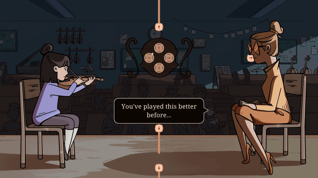 Constance Review - screenshot of a younger Constance struggling to play the right notes during a violin recital