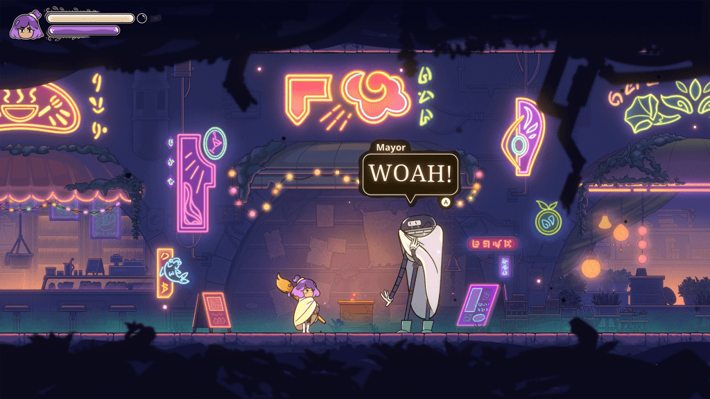 Constance Review - screenshot of Constance speaking to the mayor of Janky Junction