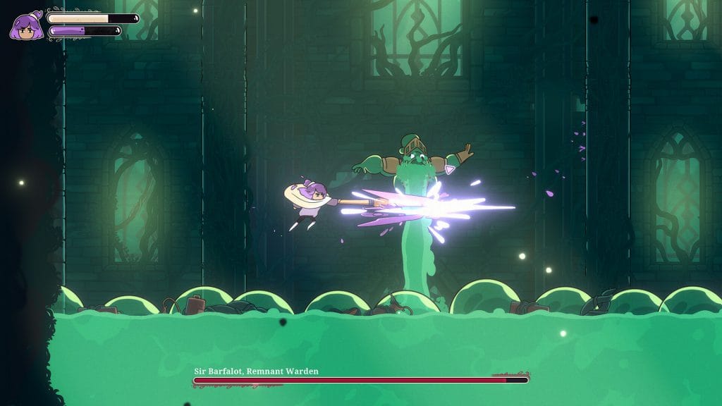 Constance Review - screenshot of Constance fighting a green blob boss monster named Sir Barfalot, Remnant Warden