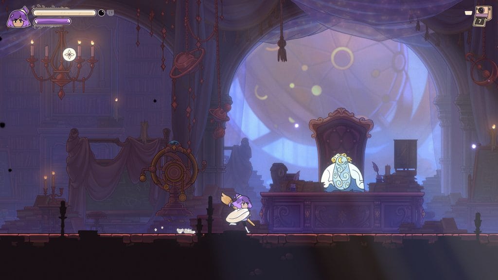 Constance Review - screenshot of Constance running through a magical library