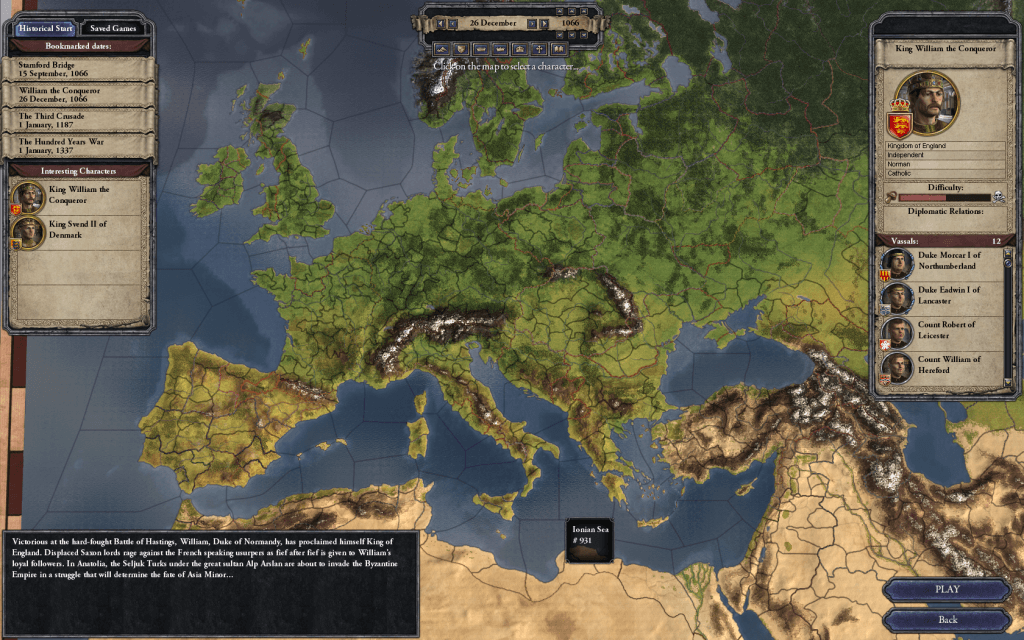 Gameplay screenshot of Crusader Kings II showing William the Conquerer