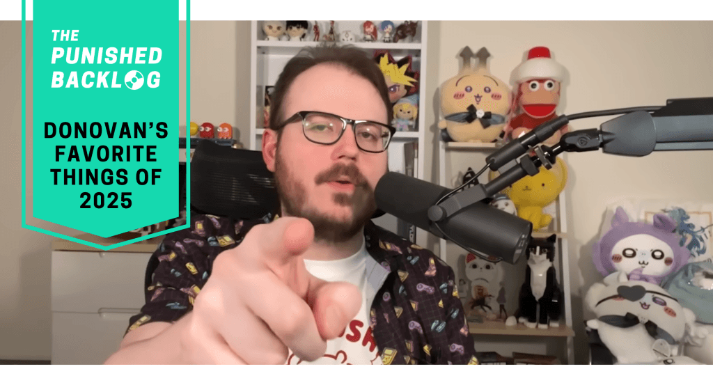An image of YouTuber Mother's Basement in 2025 with a teal banner featuring text that reads: "The Punished Backlog - Donovan's Favorite Things 2025" 