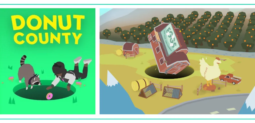 A graphic showing the cover art for Donut County of a raccoon and a woman falling into a hole, and also a screenshot of a farmhouse falling into a giant hole, on a list of the Best Video Games for Girls and Women