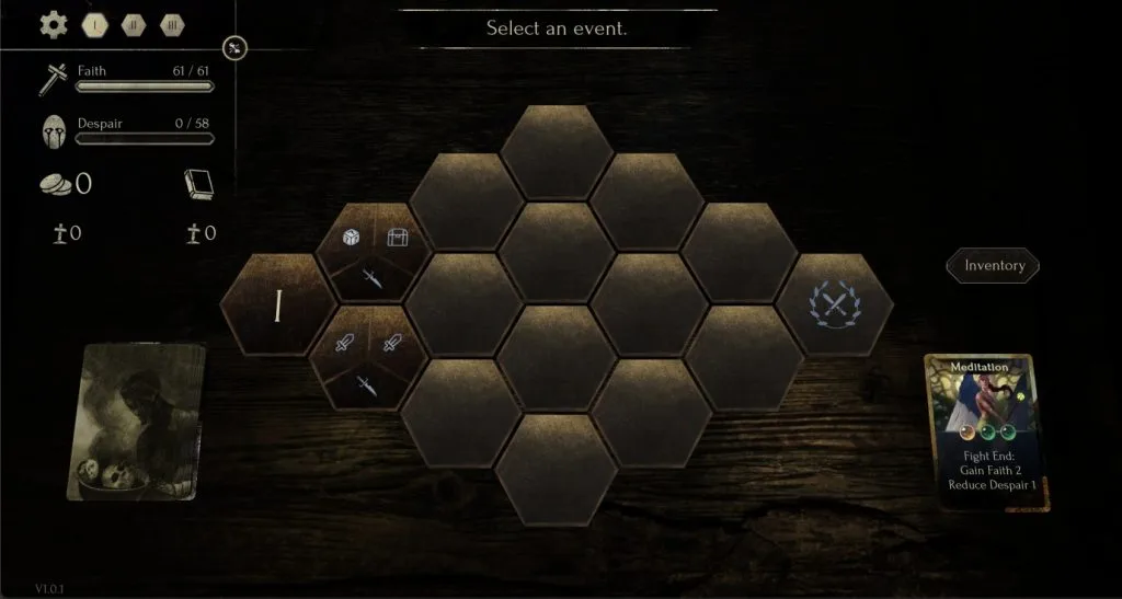 Faith in Despair Review - screenshot of the game's hexagonal roguelike map