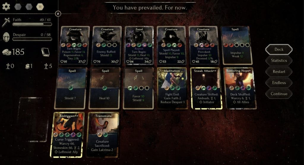 Faith in Despair Review - screenshot of various cards against a brown backdrop