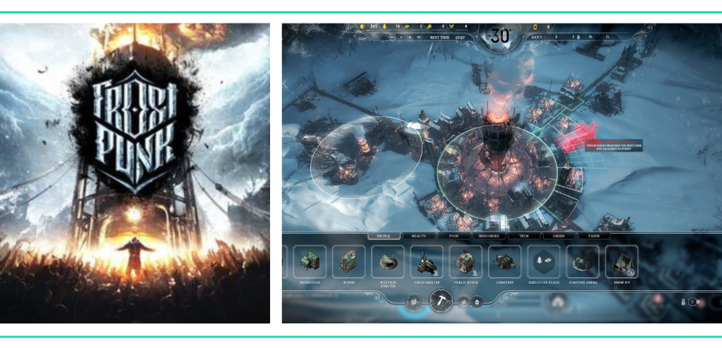 A graphic showing the cover art for Frostpunk and a screenshot of managing the bleak survival of a city in a list of the Best Video Games for Girls and Women