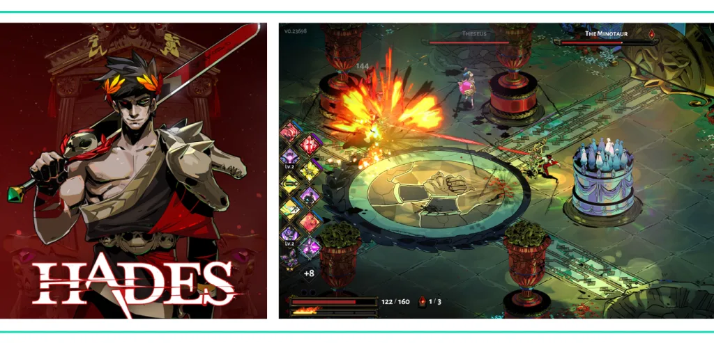 A graphic showing the cover art for Hades and a screenshot of Zagreus fighting the Minotaur with a lot of powers on the left-hand side in a list of the Best Video Games for Girls and Women