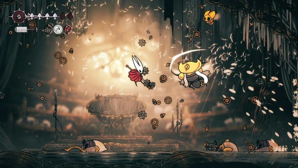 A gameplay screenshot of Hollow Knight: Silksong of Hornet finding a wave enemy