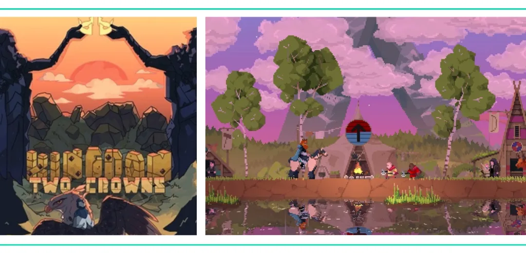 A graphic showing the cover art for Kingdom Two Crowns and a screenshot of a ruler on his horse visiting a campsite with his citizens in a list of the Best Video Games for Girls and Women