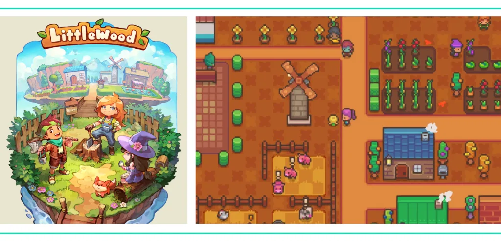 A graphic showing the cover art for Littlewood showing cute farming characters and screenshot of a pixel-style village in a list of the Best Video Games for Girls and Women