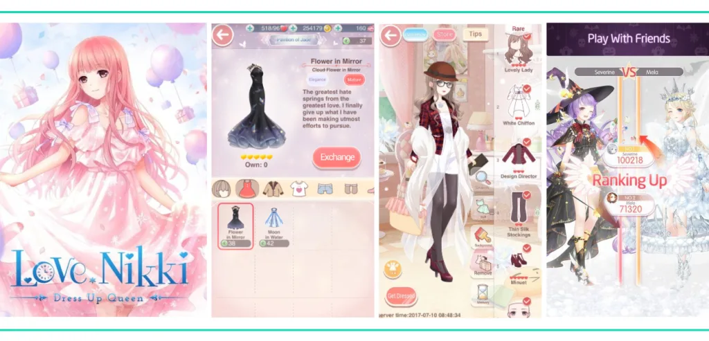 A graphic showing the cover art for Love Nikki: Dress Up Queen showing mobile screenshots of picking out different outfits and raning up with friends in a list of the Best Video Games for Girls and Women