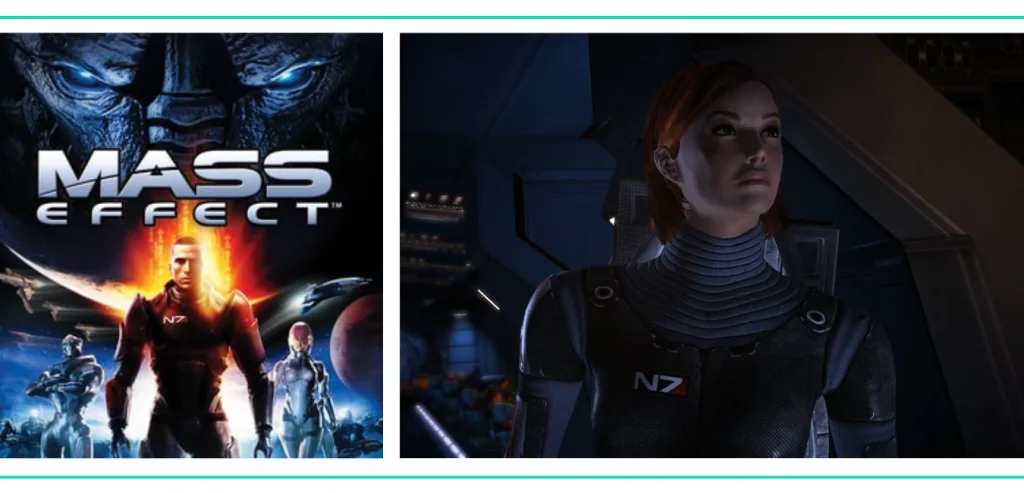 A graphic showing the cover art for Mass Effect and a screenshot showing female Commander Shepherd, known as FemShep, in armor in a list of the Best Video Games for Girls and Women