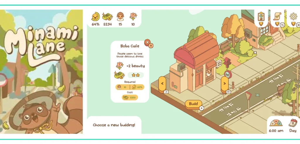 A graphic showing the cover art for Minami Lane and a screenshot of a cute, colorful town-builder with a Boba Cafe in a list of the Best Video Games for Girls and Women