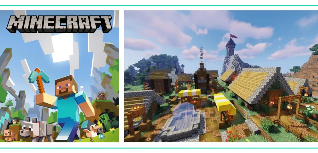 A graphic showing the cover art for Minecraft and a screenshot showing. a medieval village made out of blocks in a list of the Best Video Games for Girls and Women