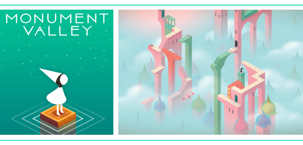 A graphic showing the cover art for Monument Valley and a screenshot of a puzzle level of a character standing on a pastel tower maze in a list of the Best Video Games for Girls and Women