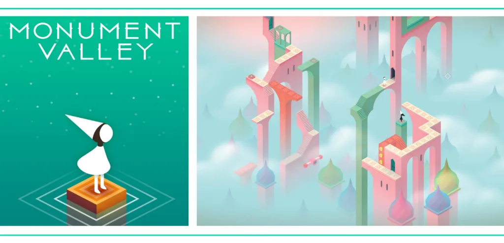 A graphic showing the cover art for Monument Valley and a screenshot of a puzzle level of a character standing on a pastel tower maze in a list of the Best Video Games for Girls and Women