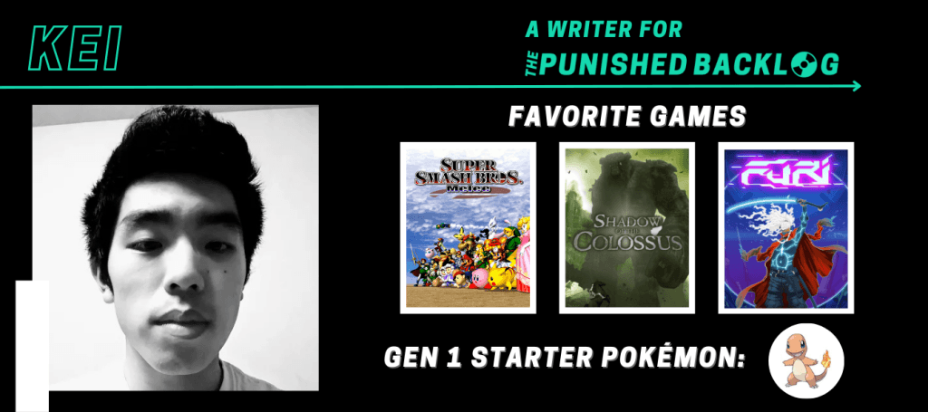 A graphic introducing a new writer at Punished Podcast featuring their name and some of their favorite games. This one is for a male games journalist, Kei, who lists Super Smash Bros. Melee, Shadow of the Colossus, Furi, plus picking Charmander from the Gen 1 starter Pokémon.