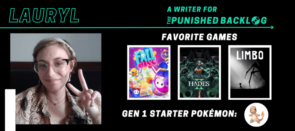 A graphic introducing a new writer at Punished Podcast featuring their name and some of their favorite games. This one is for a new female games journalist, Lauryl, who lists Fall Guys, Hades II, Limbo, plus picking Charmander from the Gen 1 starter Pokémon.