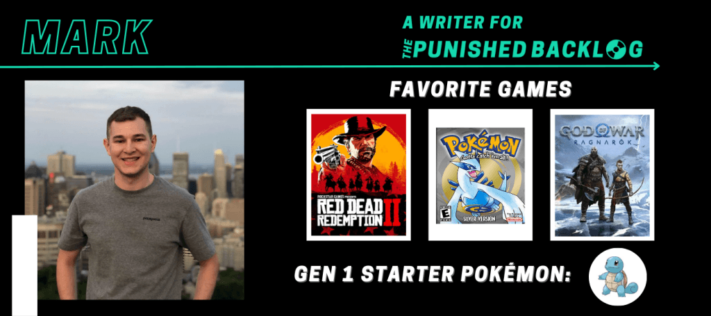A graphic introducing a new writer at Punished Podcast featuring their name and some of their favorite games. This one is for a male games journalist, Mark, who lists Red Dead Redemption II, Pokemon Silver, God of War Ragnarok, plus picking Squirtle from the Gen 1 starter Pokémon.