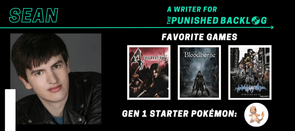 A graphic introducing a new writer at Punished Podcast featuring their name and some of their favorite games. This one is for a new male games journalist, Sean, who lists Resident Evil 4, Bloodborne, The World Ends With You, plus picking Charmander from the Gen 1 starter Pokémon.