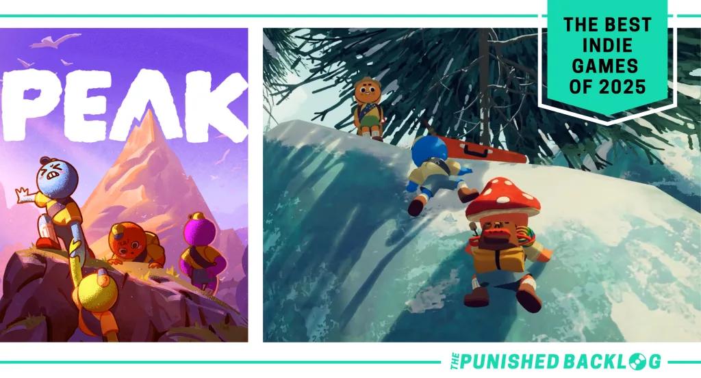 A graphic showing the cover art and gameplay screenshot of of PEAK showing three characters trying to climb a snowy mountain, along with text that reads "The Best Indie Games of 2025" with The Punished Backlog logo in the corner.