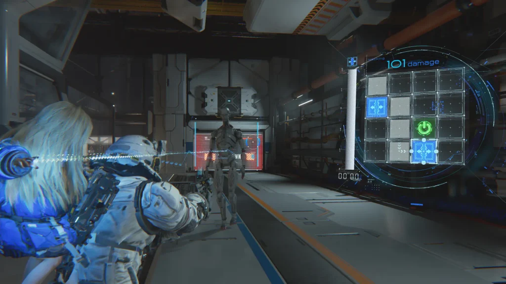 Pragmata Sketchbook Demo Impressions - photo of Hugh aiming at a robot while Diana hacks it