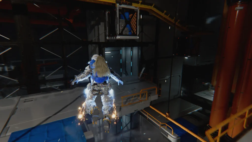 Pragmata Sketchbook Demo Impressions - photo of Hugh using his suit thrusters to traverse a space station