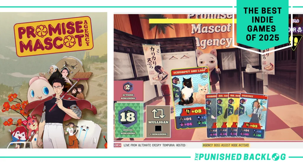 A graphic showing the cover art and gameplay screenshot of Promise Mascot Agency showing a card game battle where cats are helping a mascot, along with text that reads "The Best Indie Games of 2025" with The Punished Backlog logo in the corner.