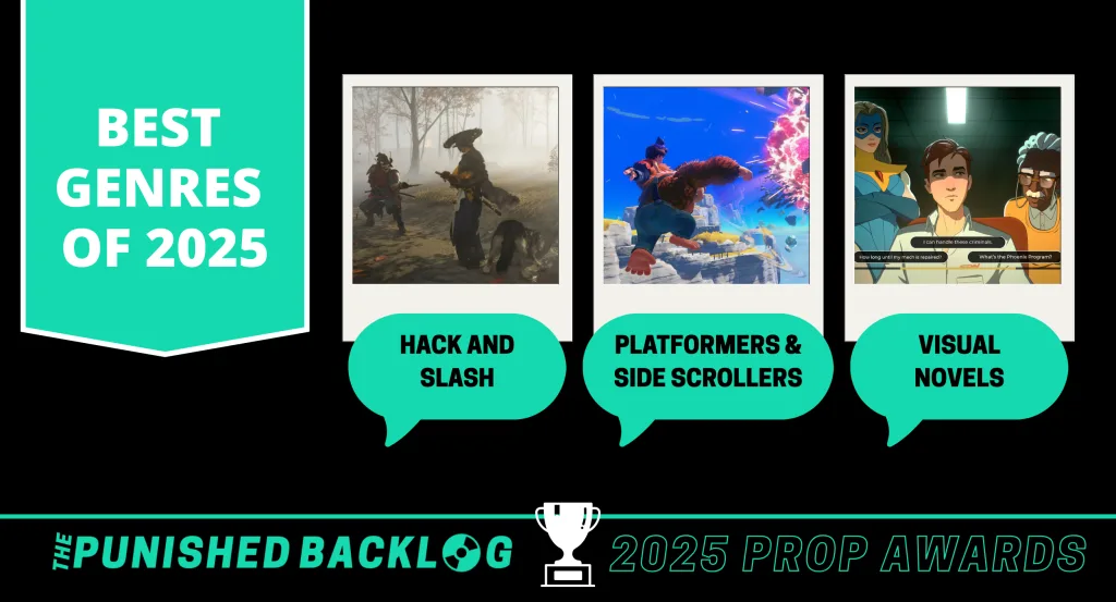 A black graphic with white text sharing "Best Genres of 2025 - The Punished Backlog's 2025 Prop Awards," then three polaroid photos with speech bubble frames with Ghost of Yotei for "Hack and Slash," Donkey Kong Bananza for "Platformers and Side Scrollers," and Dispatch for "Visual Noves