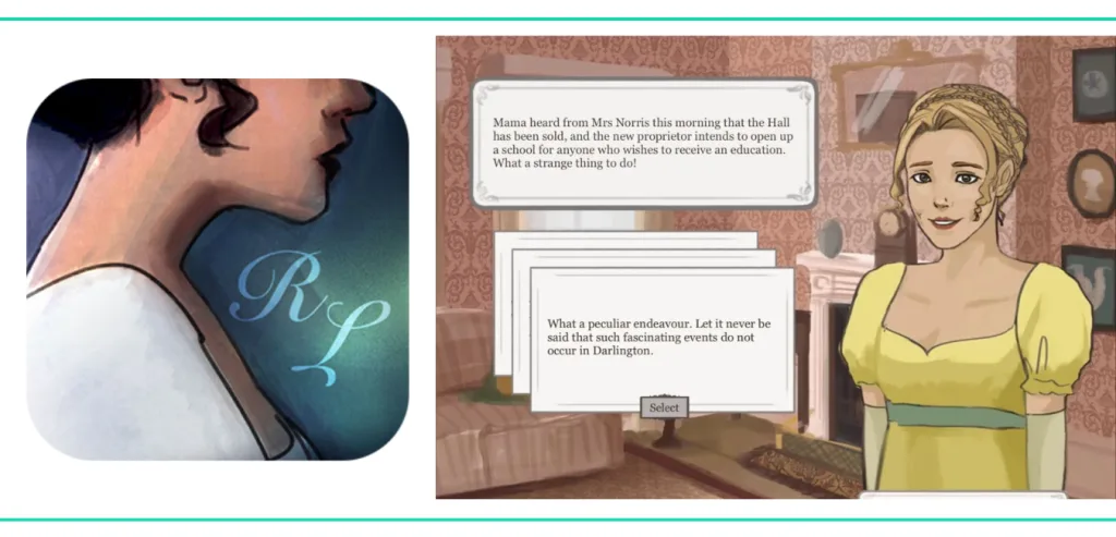 A graphic showing the cover art for Regency Love and a screenshot of two characters talking in a Jane Austen style dialogue in a list of the Best Video Games for Girls and Women
