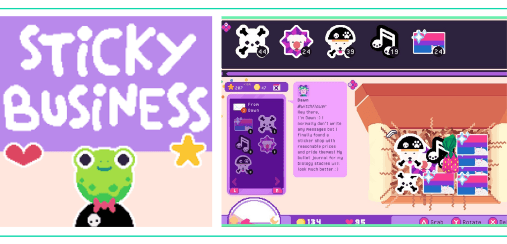 A graphic showing the cover art for Sticky Business and a screenshot showing player-made stickers being packed in box in a list of the Best Video Games for Girls and Women