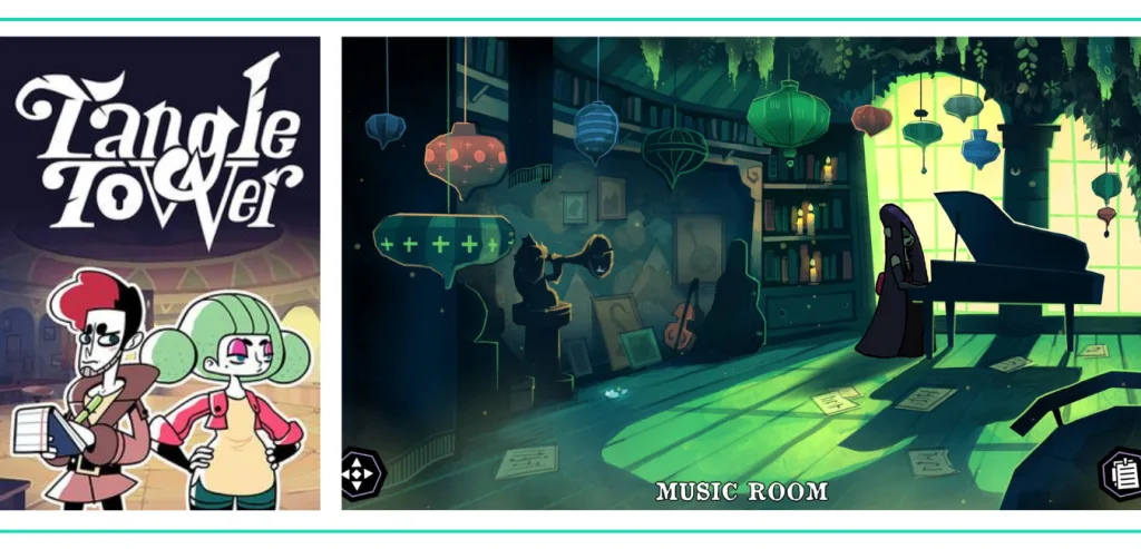 A graphic showing the cover art for Tangle Tower and a screenshot of a dimly lit Music Room and a suspect playing the piano in a list of the Best Video Games for Girls and Women