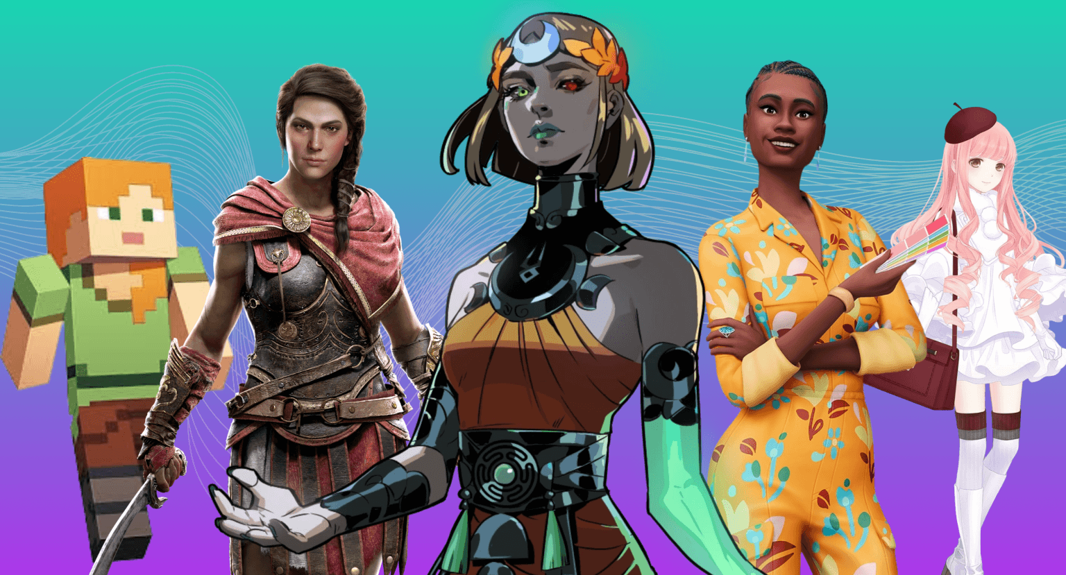 A graphic with a teal and purple background showing female video game characters from Minecraft, Assassin's Creed: Odyssey, Hades II, The Sims 4, and Love Nikki Dress Up Queen in our list for the best video games for women who want to get into video games