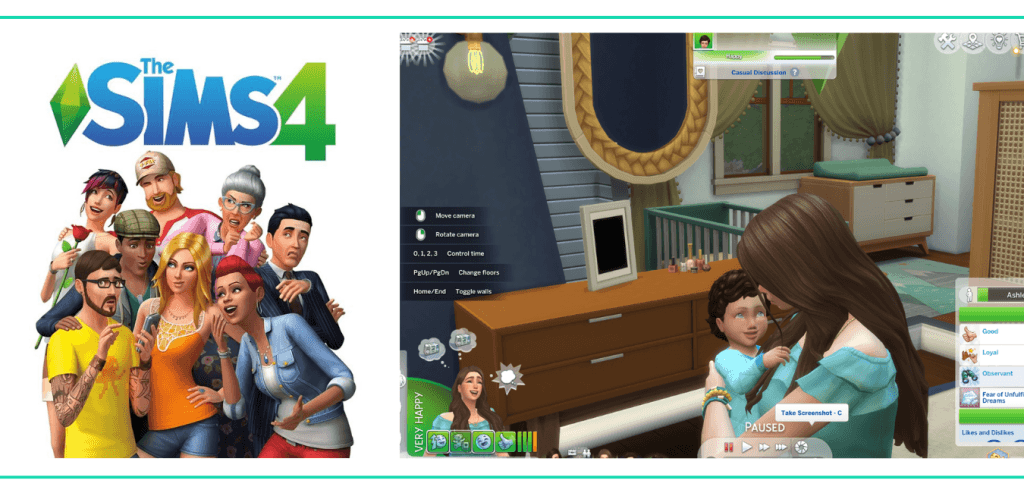 A graphic showing the cover art for The Sims 4 and a screenshot of a Sims 4 character who has character traits like "Loyal" while holding a baby in a list of the Best Video Games for Girls and Women