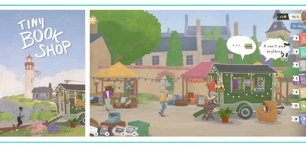 A graphic showing the cover art for Tiny Bookshop and a screenshot of customers entering a mobile bookshop in a flea market in a list of the Best Video Games for Girls and Women
