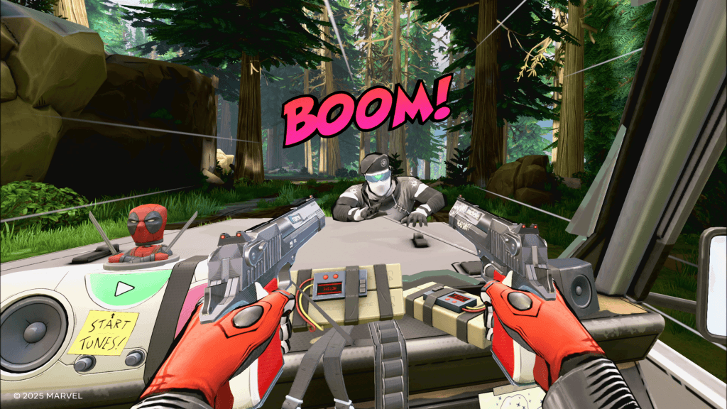 A screenshot of Deadpool VR where the player holds two guns and aims at a villain where comic book text "Boom!" appears