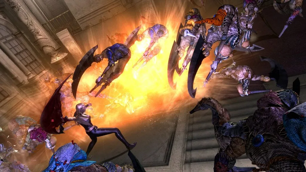 A screenshot from Devil May Cry 4 Special Edition of a character fighting off lots of scary purple monsters