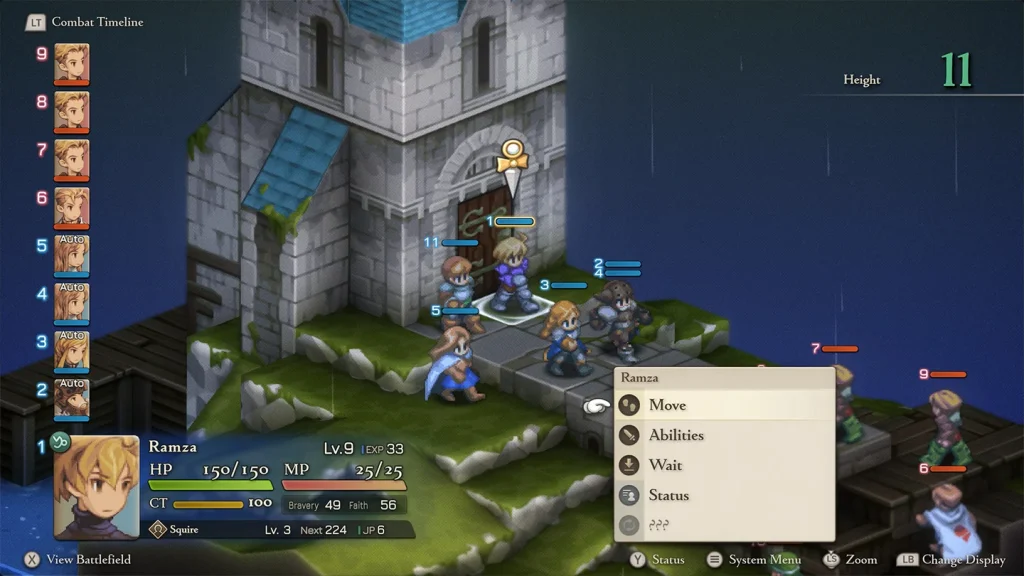 A screenshot of Final Fantasy Tactics: The Ivalice Chronicles showing Ramza and other characters leaving the castle to fight