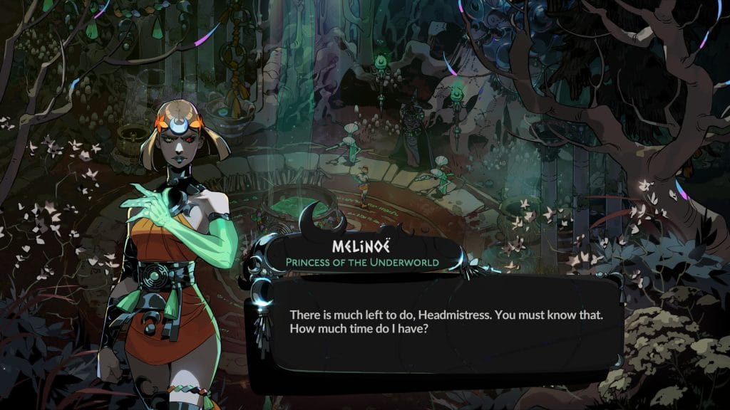 A screenshot of Hades II showing Melinoe speaking to the Headmistress
