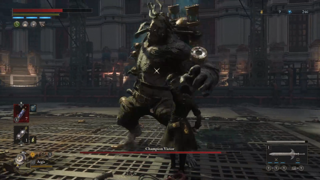 Gameplay screenshot of Lies of P showing Pinocchio fighting Champion Victor