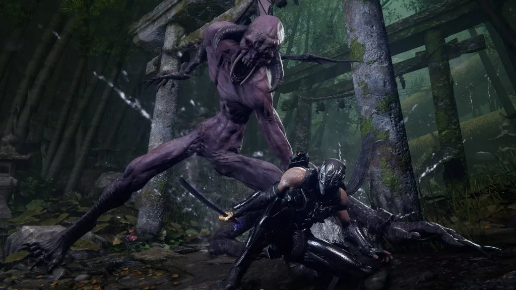 An image of a ninja fighting off a scary purple demon in a forest from Ninja Gaiden 4