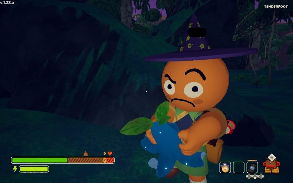 A screenshot from the game PEAK, showing an orange shaped person with a questioning eyebrow raised, eating a blue star fruit