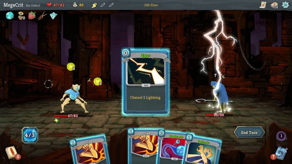 Gameplay screenshot of Slay the Spire showing The Defect fighting with lightning