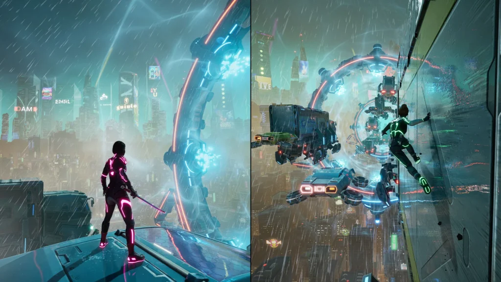 A screenshot of Split Fiction gameplay showing a split screen with two characters in a cyberpunk world.